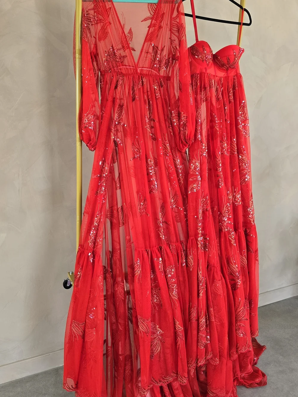 Red Floral Sheer Maxi Dress with Corset Bodice - Picture 2 of 13